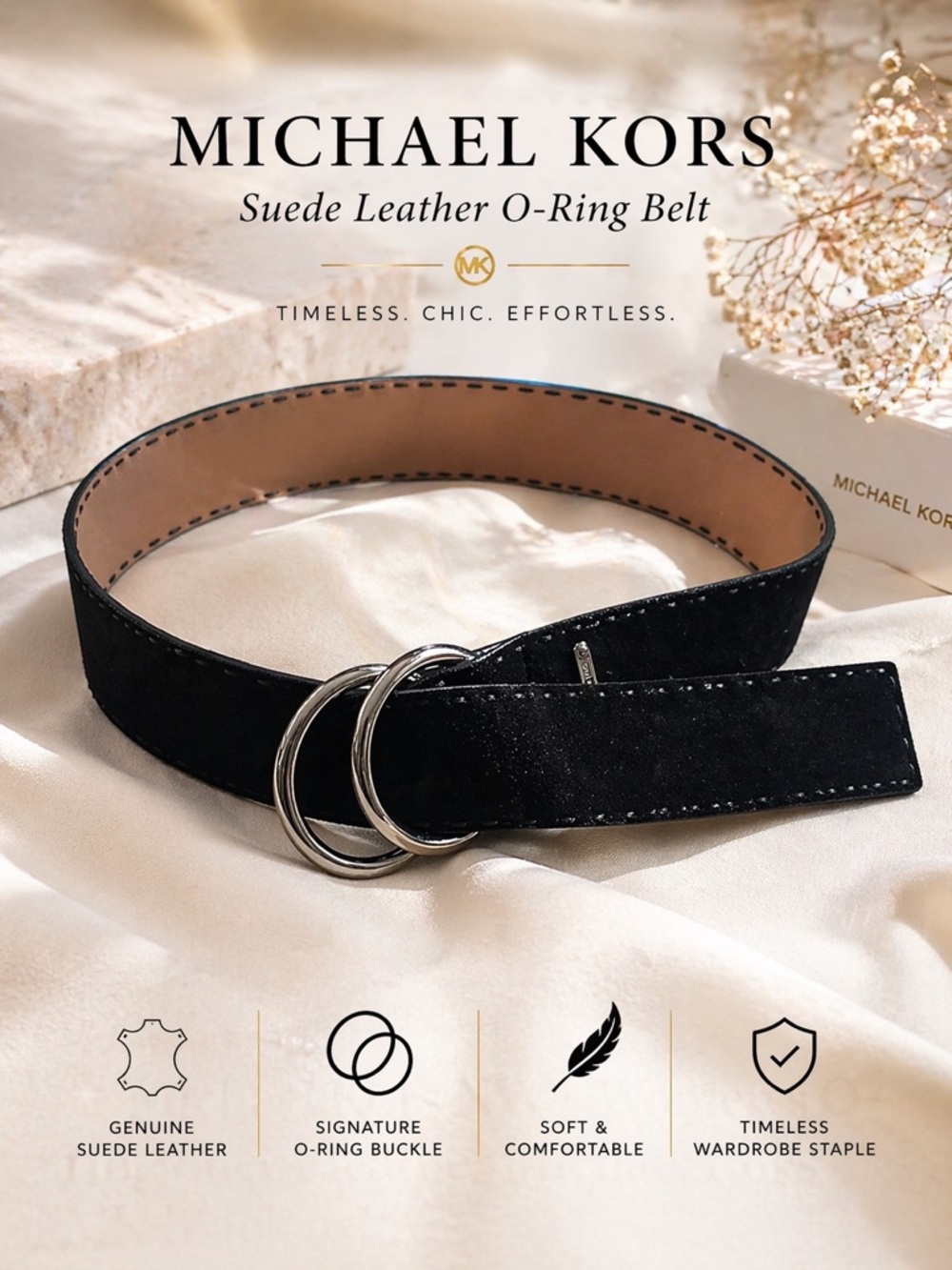 🚨 Michael Kors NWT Women’s O-ring Suede leather Michael Kors MK Black belt